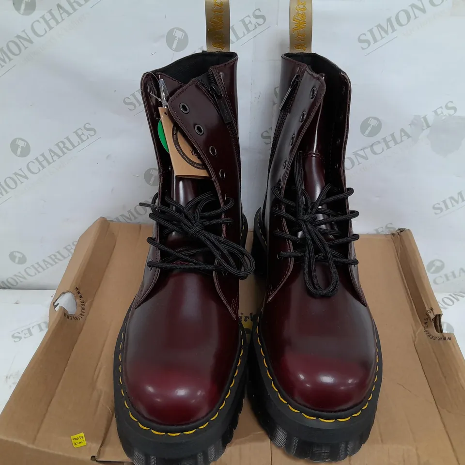 BOXED PAIR OF DR MARTENS VEGAN JADON II BOOTS IN CHERRY RED - UK 10