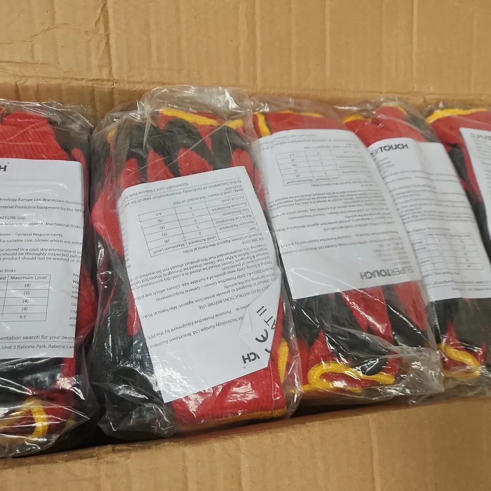 9 PACKS OF 12 PAIRS OF SUPERTOUCH HANDLER GLOVES IN RED/BLACK
