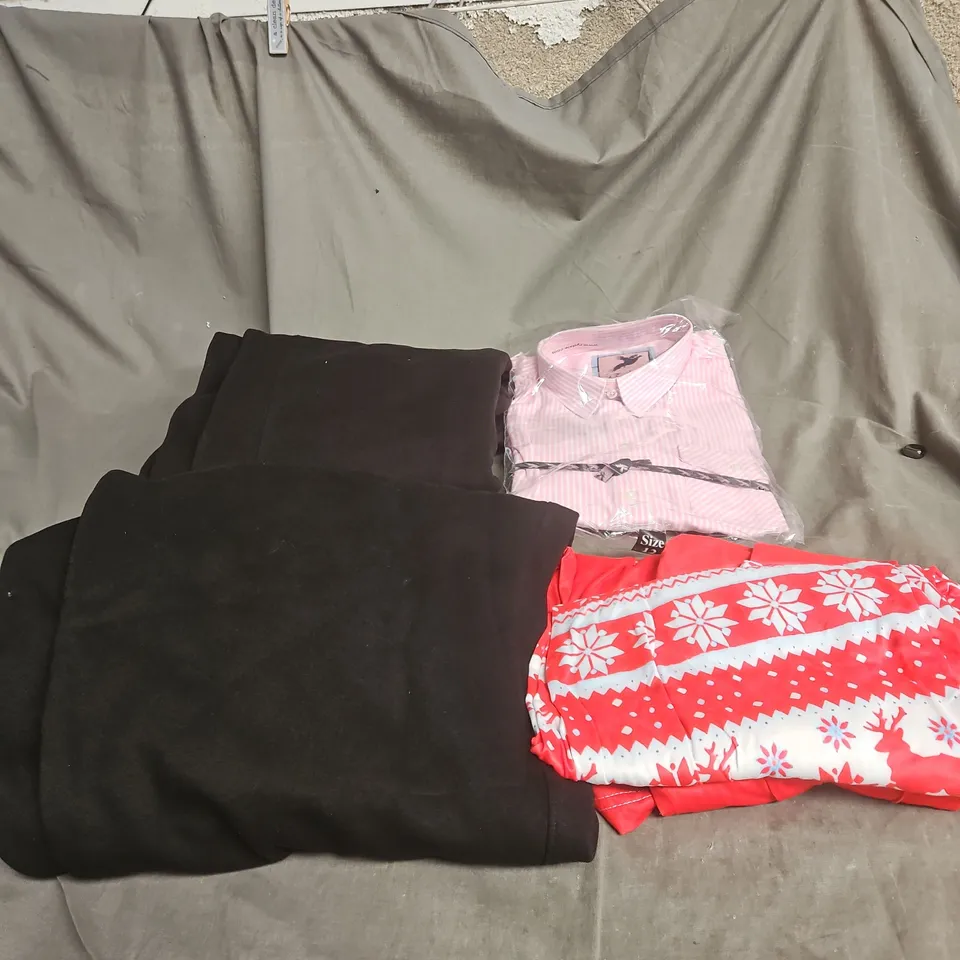 BOX OF APPROXIMATELY 20 ASSORTED CLOTHING ITEMS TO INCLUDE BLACK JOGGERS, CHRISTMAS PYJAMAS, PINK STRIPE SHIRT ETC