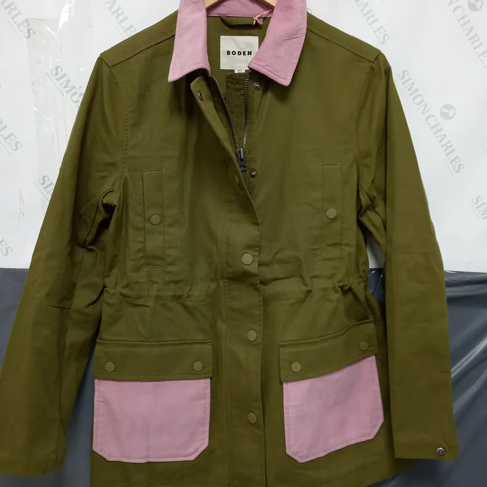 BODEN BARN COAT IN KHAKI/PINK - UK 12