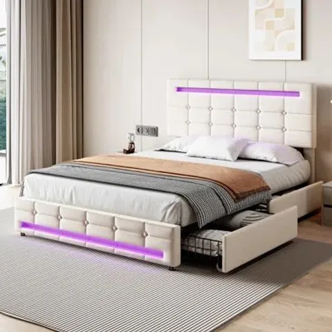 BOXED UPHOLSTERED BED WITH LED AND 4 STORAGE DRAWERS -BEIGE- [2 BOXES]