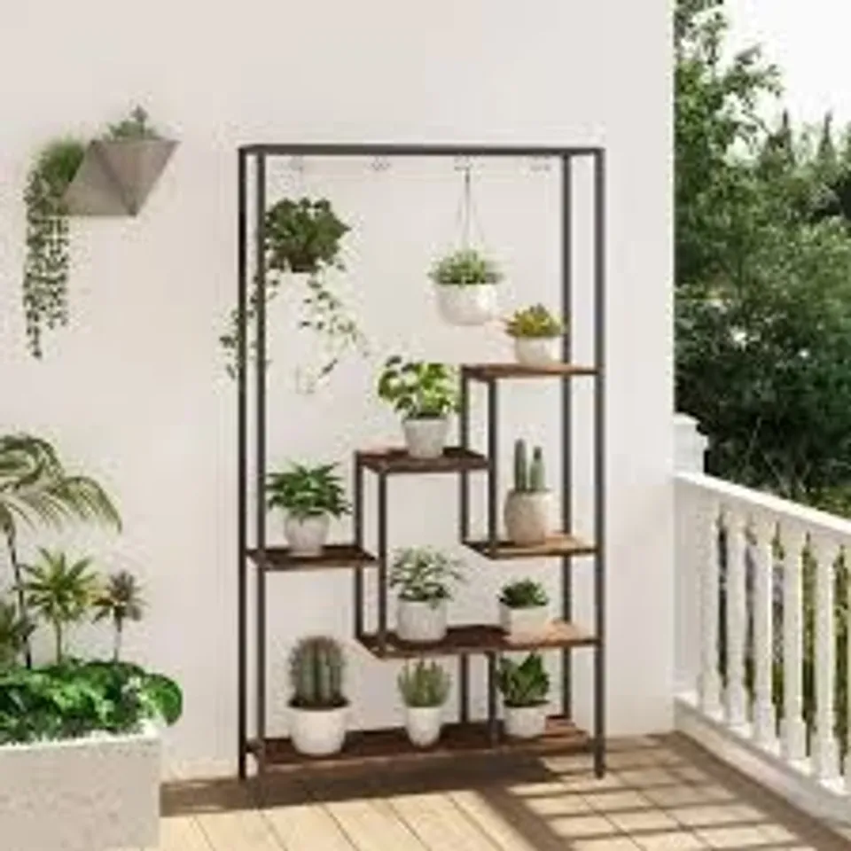 BOXED COSTWAY 6 TIER RUSTIC BROWN PLANT STAND WITH HANGING HOOKS