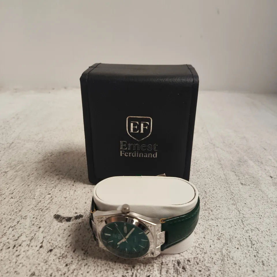 ERNEST FERDINAND WRISTWATCH – GREEN DIAL, GREEN LEATHER STRAP, BOXED