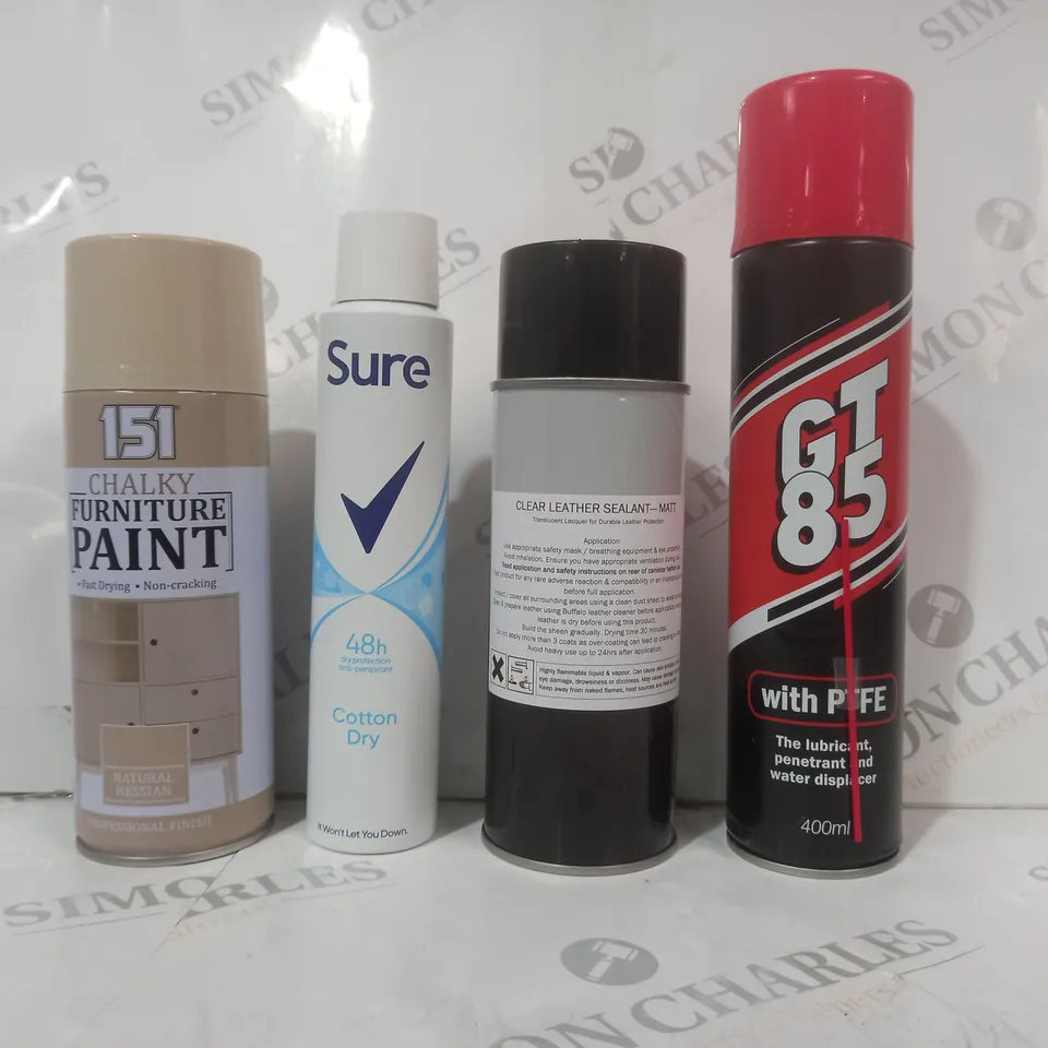 APPROXIMATELY 10 ASSORTED AEROSOL ITEMS IN INCLUDE GT85, CHALKY FURNITURE PAINT, CLEAR LEATHER SEALANT, ETC - COLLECTION ONLY