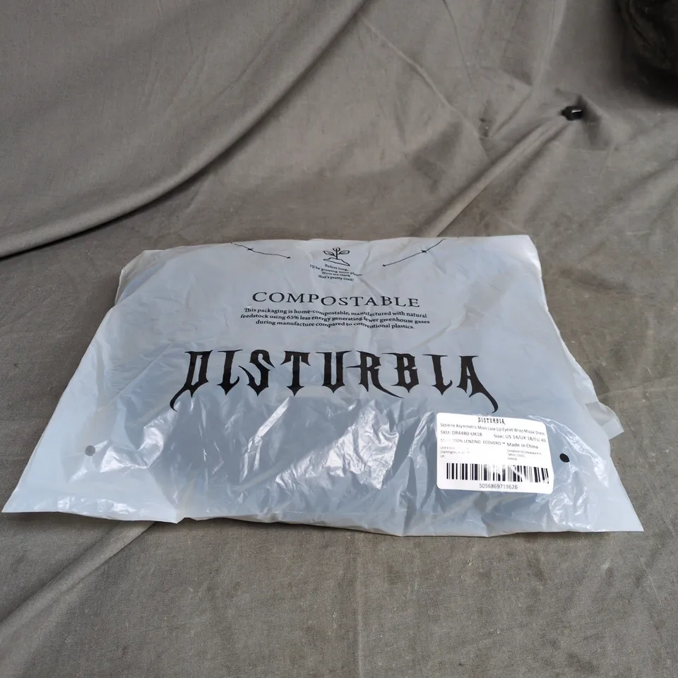 DISTURBIA SABLEINE ASYMMETRIC MOCK LACE UP EYELET WRAP MIDAXI DRESS SIZE 14 