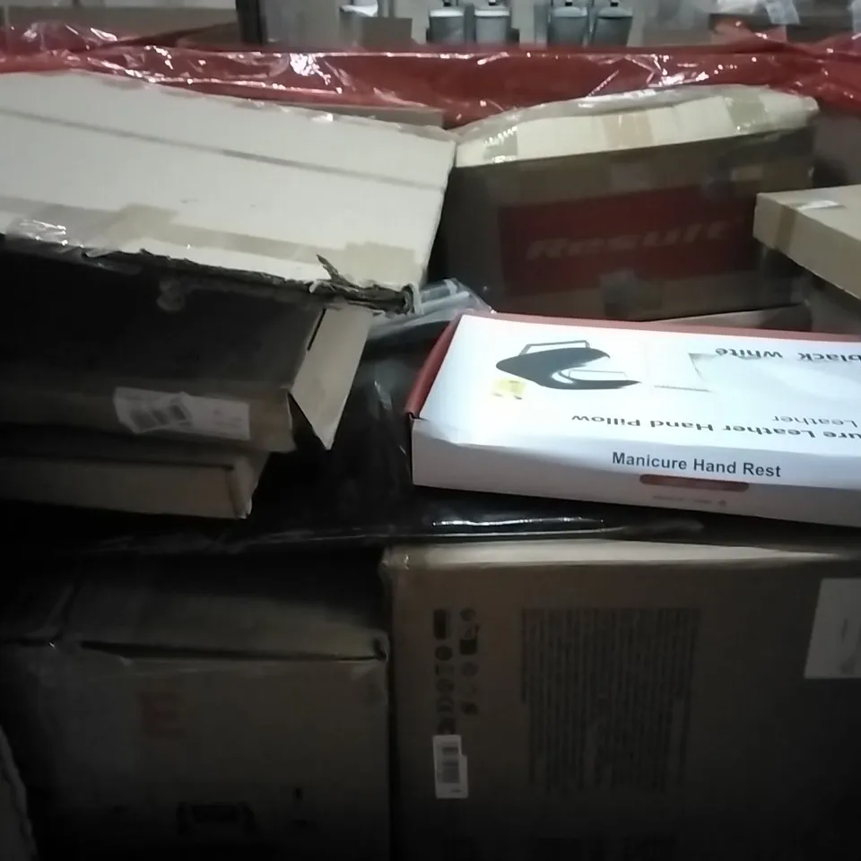 PALLET OF HOUSEHOLD ITEMS TO INCLUDE TOILET SEATS, BOXING MUSIC MACHINE, POOL CUE,DANCE MAT, MANICURE HAND REST AND OTHER ASSORTED ITEMS...
