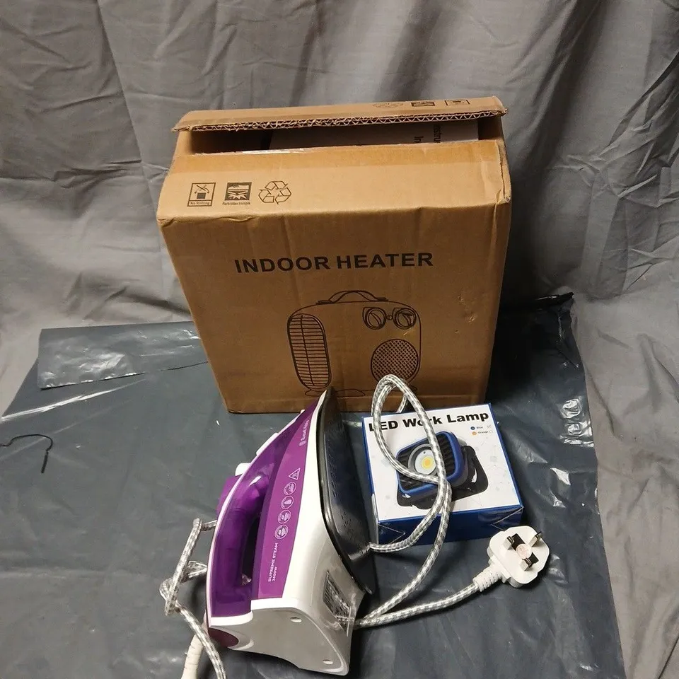 BOX OF APPROXIMATELY 15 ASSORTED ELECTRICAL ITEMS INCLUDING LED WORK LAMP, RUSSELL HOBBS IRON, INDOOR ELECTRIC HEATER ETC