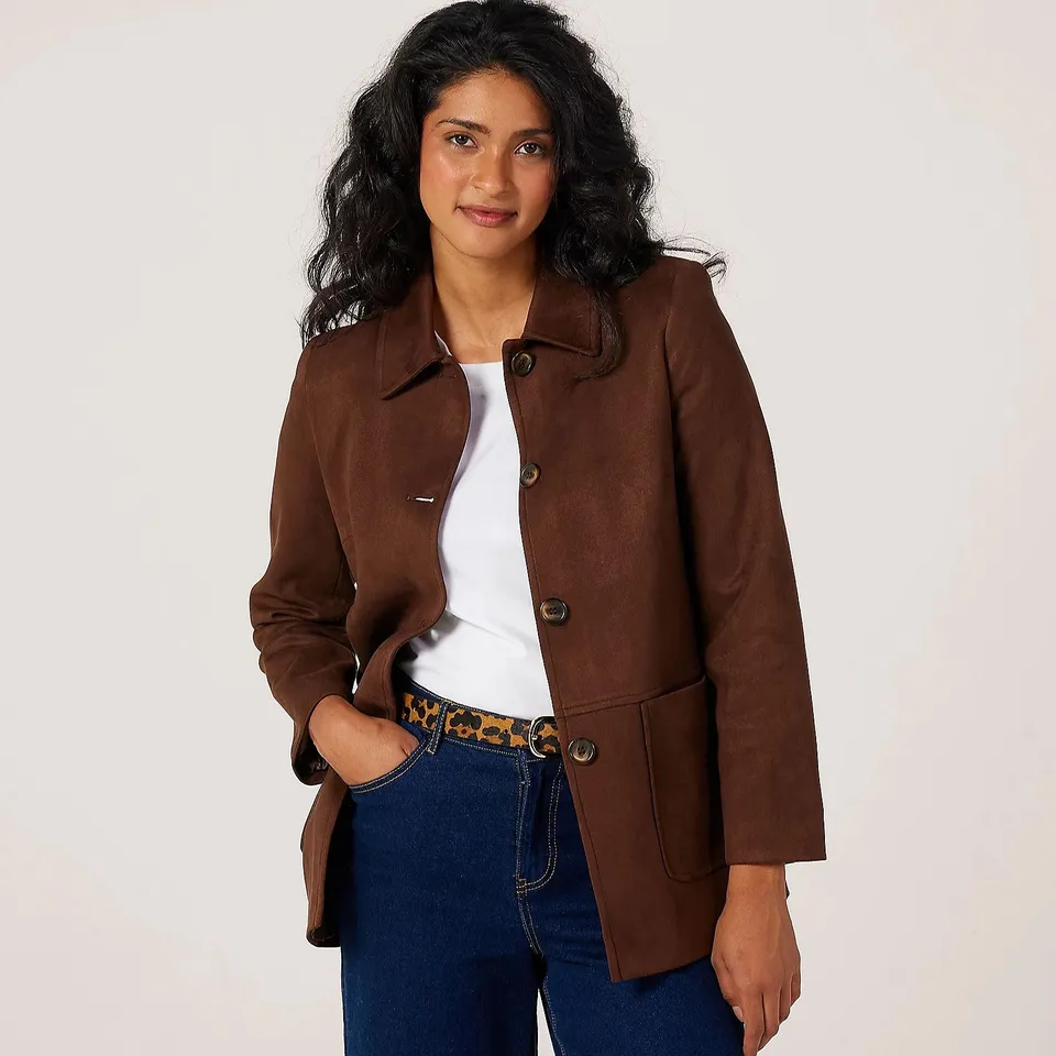 HELENE BERMAN FAUX-SUEDE BARN JACKET CHOCOLATE SIZE 18