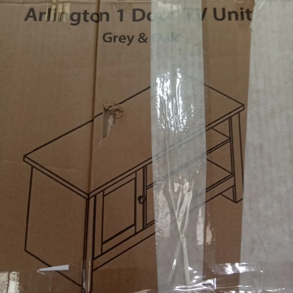 BOXED LASSIC ARLINGTON 1 DOOR TV UNIT - GREY & OAK
