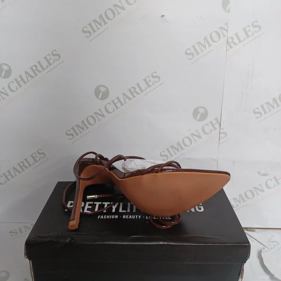 PRETTY LITTLE THING CHOCOLATE POINTED STRAPPY HEELED SANDALS - UK 5