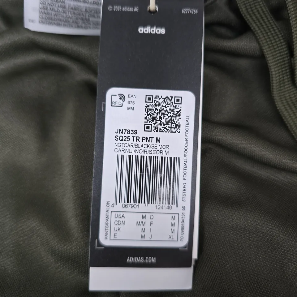 ADIDAS TRACK PANTS – MEN'S OLIVE GREEN WITH BLACK SIDE STRIPES, UK MEDIUM