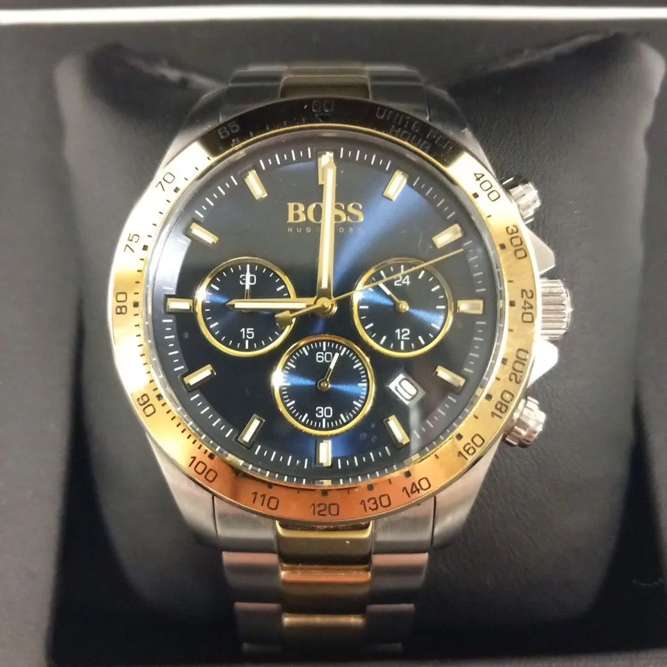 BOXED HUGO BOSS HERO BLUE CHRONOGRAPH TWO TONE WRIST WATCH