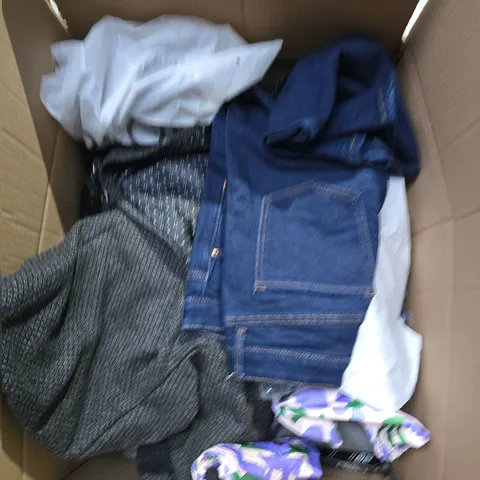 LARGE BOX OF APPROXIMATELY 25 ASSORTED CLOTHING ITEMS IN VARIOUS COLOURS, STYLES AND SIZES - COLLECTION ONLY