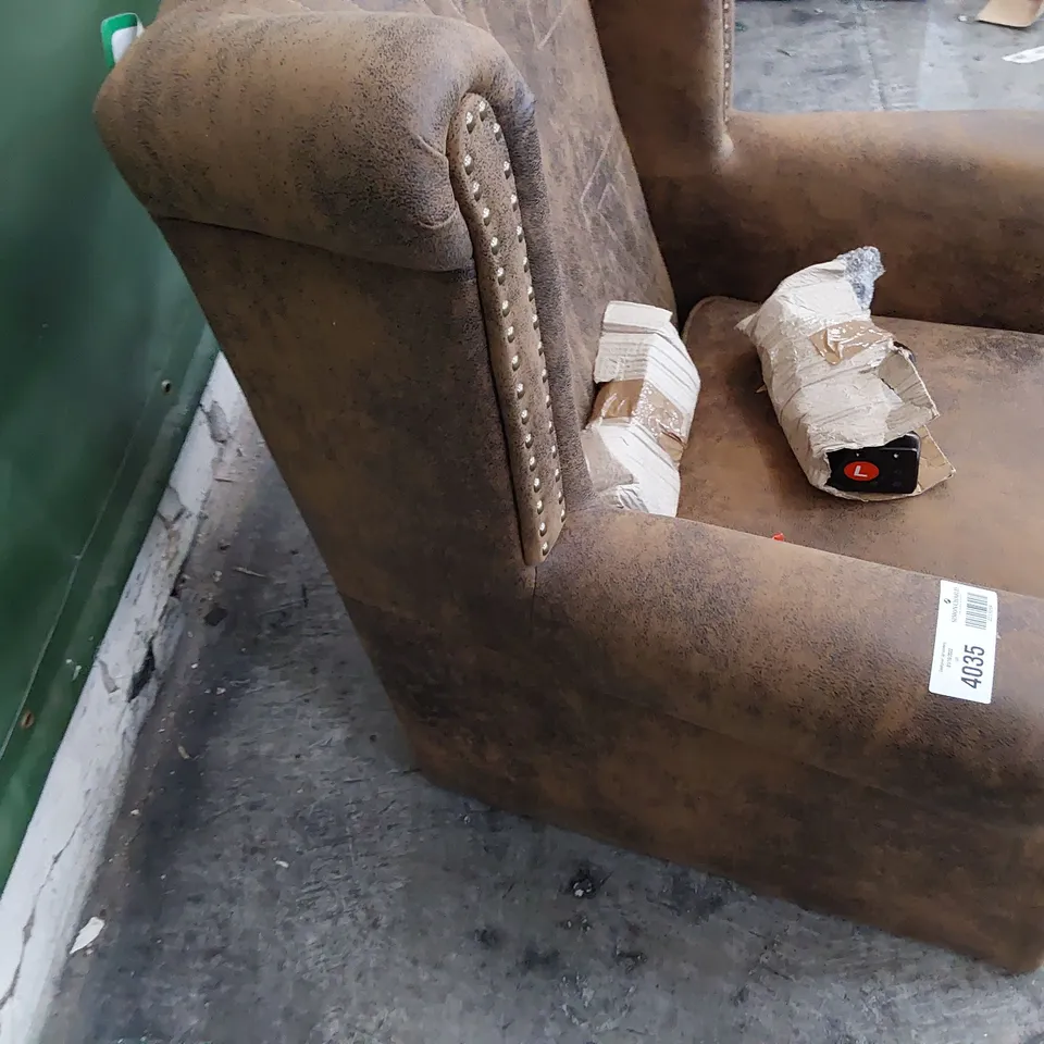 DESIGNER BRITTANIA WINGBACK CHAIR WITH UNION FLAG STITCHED BACK BROWN SUEDE