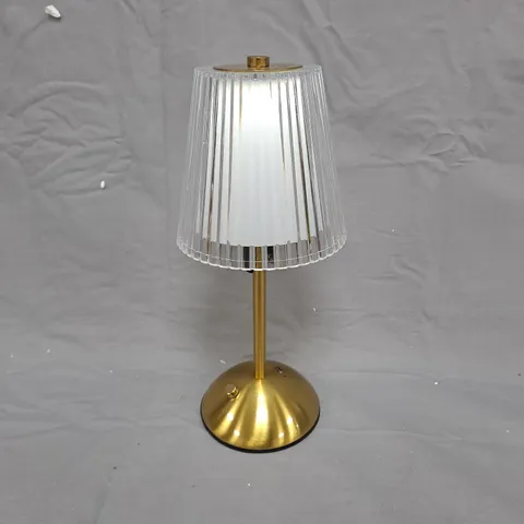 BELL & HOWELL DESK LAMP - MODEL 2897, BRASS BASE WITH RIBBED GLASS SHADE