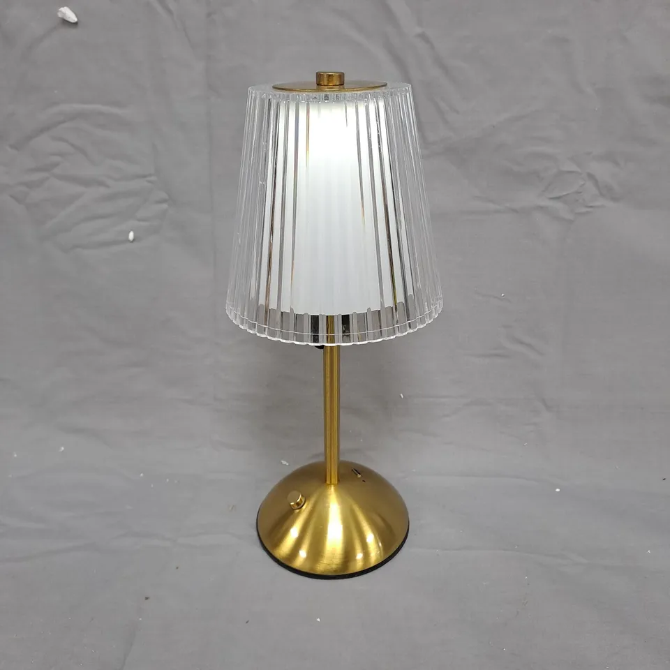 BELL & HOWELL DESK LAMP - MODEL 2897, BRASS BASE WITH RIBBED GLASS SHADE