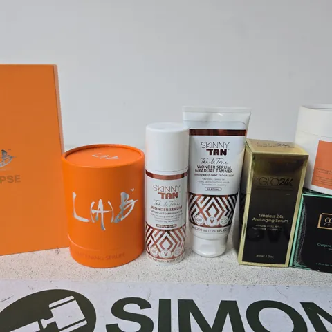 BOX OF APPROX 30 ASSORTED ITEMS TO INCLUDE SKINNY TAN, GLO24K SERUM, NIGHT CREAM, ETC 
