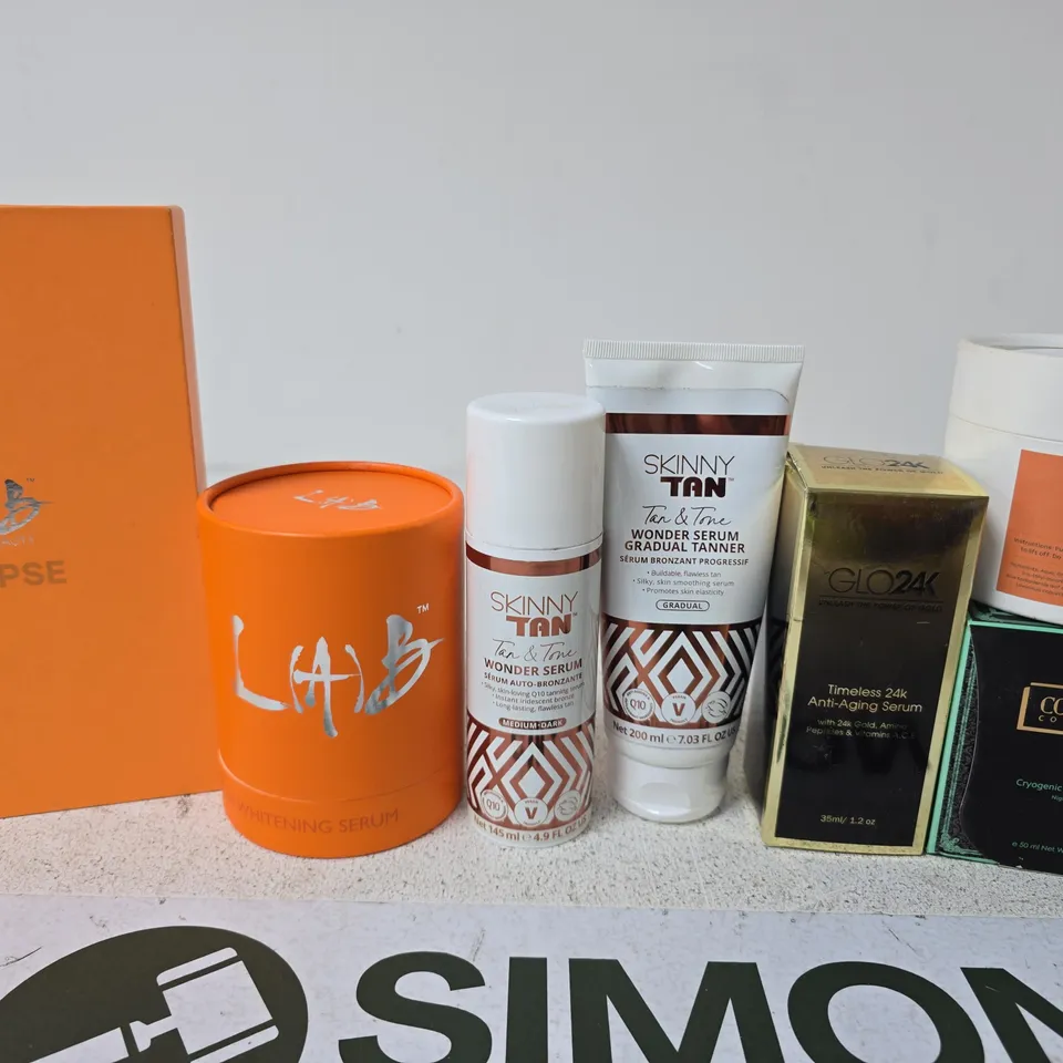 BOX OF APPROX 30 ASSORTED ITEMS TO INCLUDE SKINNY TAN, GLO24K SERUM, NIGHT CREAM, ETC