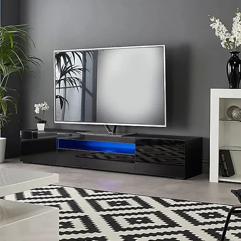BOXED MODERN BLACK 200cm MATT GLOSS TV STAND CABINET SUITABLE FOR 55 - 80 INCH 4K LED FLAT SCREEN TV'S GLASS SHELVES (2 BOXES)