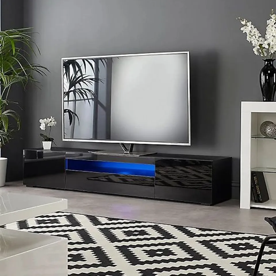 BOXED MODERN BLACK 200cm MATT GLOSS TV STAND CABINET SUITABLE FOR 55 - 80 INCH 4K LED FLAT SCREEN TV'S GLASS SHELVES (2 BOXES)