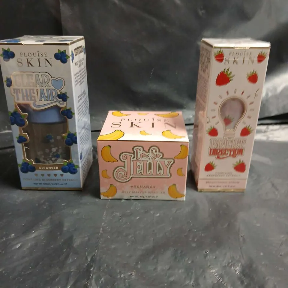 PLOUISE LOT OF 3 ASSORTED COSMETIC PRODUCTS TO INCLUDE - BANANA JELLY MAKEUP REMOVER - BLUEBERRY CLEANSER - RASPBERRY BRIGHTENING SERUM