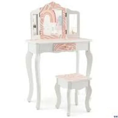 BOXED COSTWAY SINGLE DRAWER KIDS PINK ZEBRA PRINT VANITY TABLE AND STOOL SET WITH MIRROR