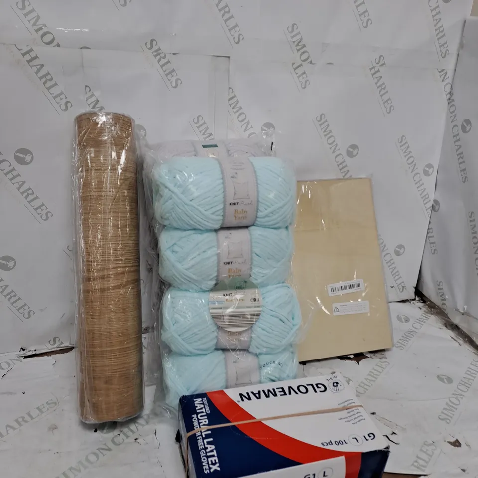 LARGE BOX OF ASSORTED HOUSEHOLD ITEMS TOO INCLUDE WOOL , LATEX GLOVES , MATS , ETC 