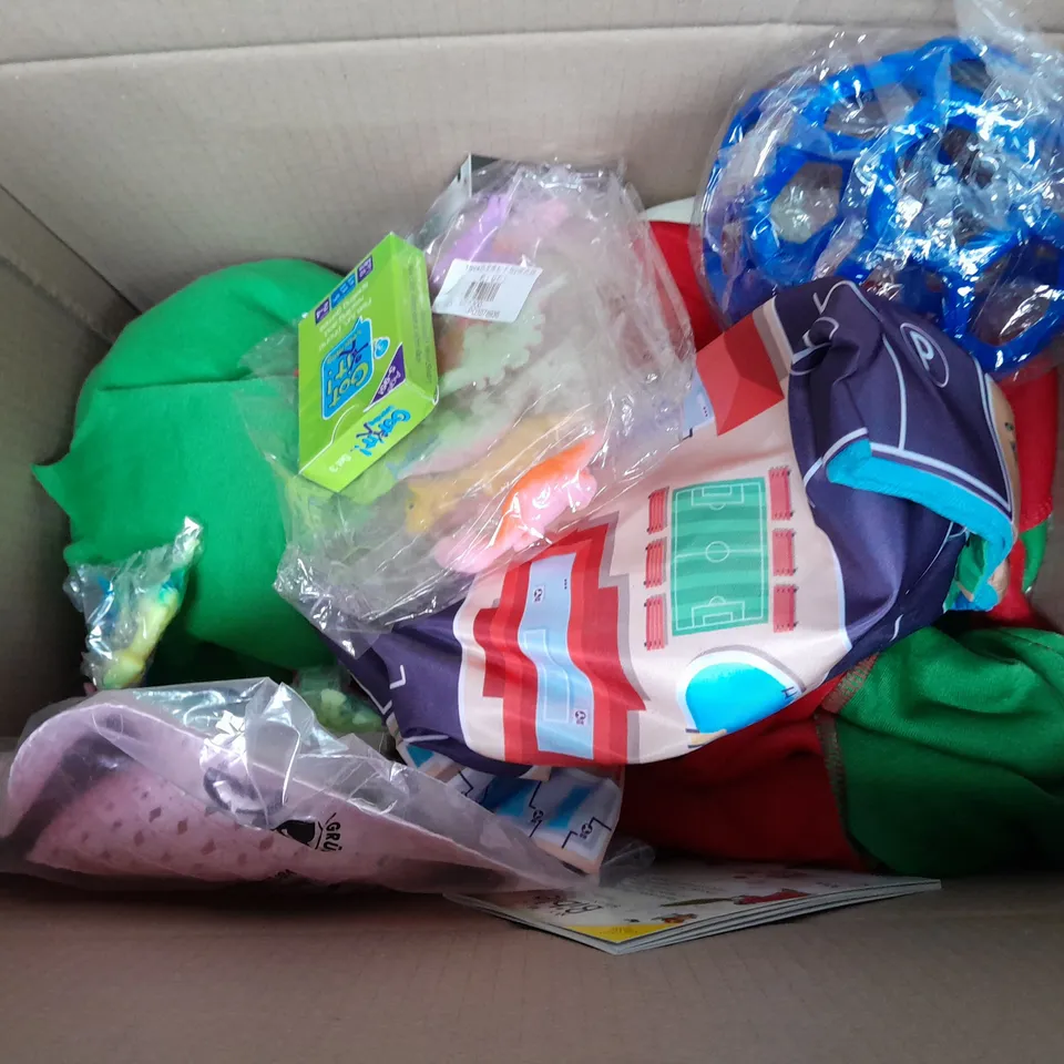 MEDIUM BOX OF ASSORTED TOYS AND GAMES TO INCLUDE TEDDIES, GOALKEPPER GLOVES AND TRADING CARD GAME