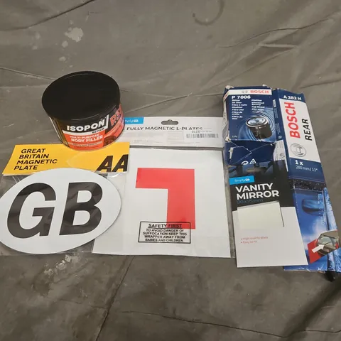 APPROXIMATELY 10 ASSORTED VEHICLE PARTS & ACCESSORIES TO INCLUDE MAGNETIC L PLATES, SIMPLY CAR VANITY MIRROR, BOSCH P 7006 OIL FILTER, ETC