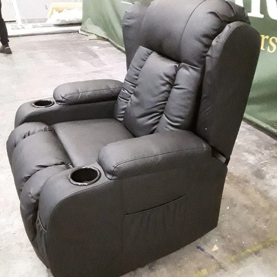 QUALITY DESIGNER ELECTRIC RECLINER ARMCHAIR WITH CUPHOLDERS - BLACK LEATHER