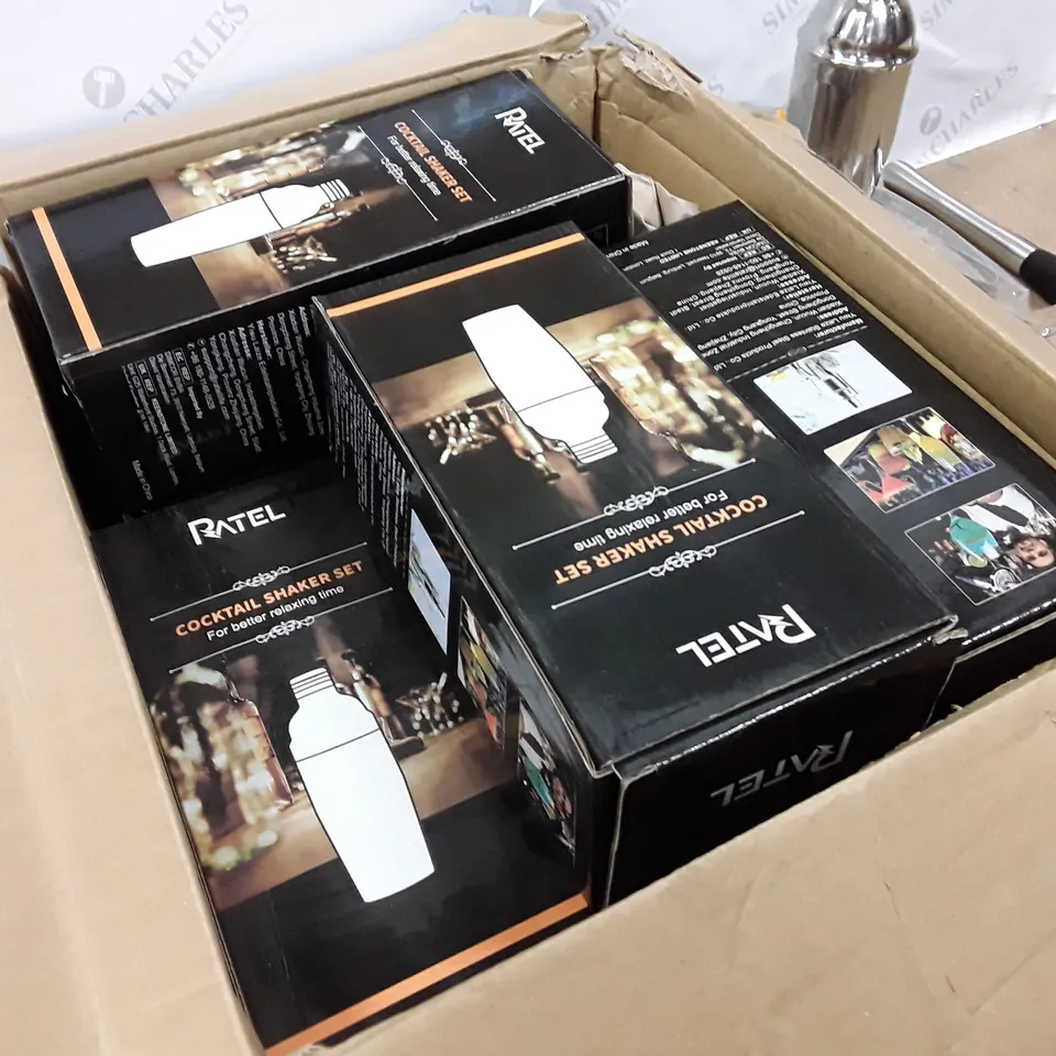 BOX CONTAINING APPROXIMATELY 10 RATEL COCKTAIL SHAKER SETS 