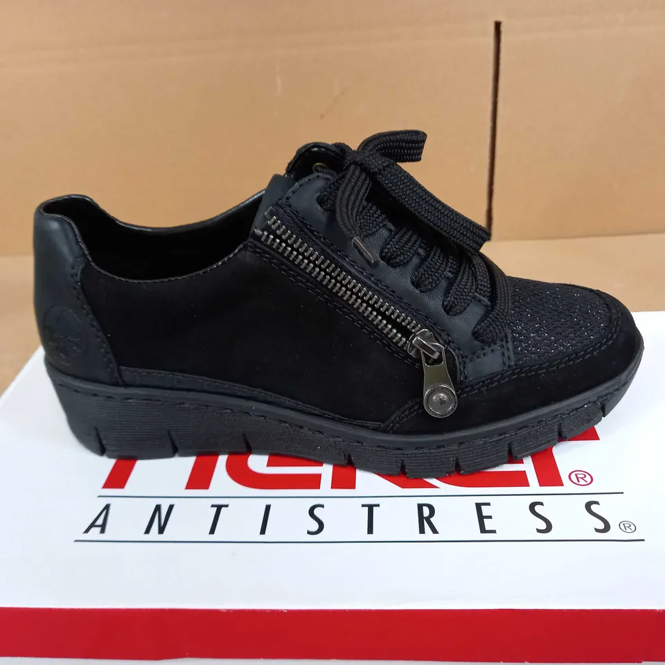 BOXED PAIR RIEKER WEDGE TRAINER IN BLACK, UK SIZE 3.5