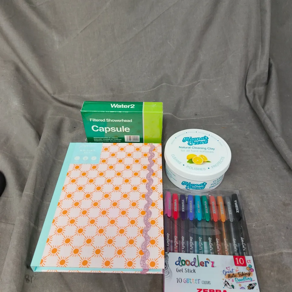 APPROXIMATELY 15 ASSORTED HOUSEHOLD PRODUCTS TO INCLUDE WRITING SET, NANNA'S SECRET NATURAL CLEANING CLAY AND DOODLER'Z GEL PENS