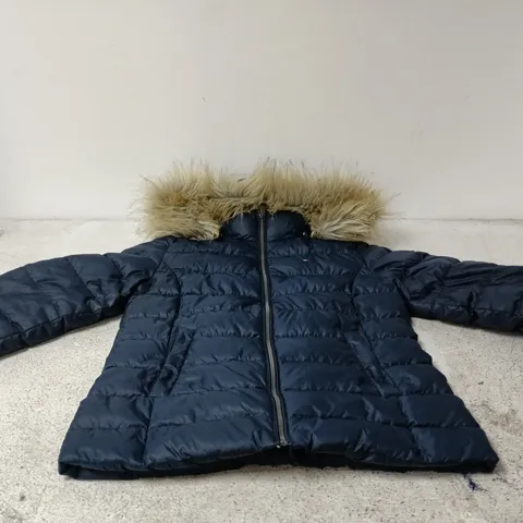 TOMMY JEANS NAVY PUFFER COAT WITH FUR TRIM HOOD – SIZE LARGE