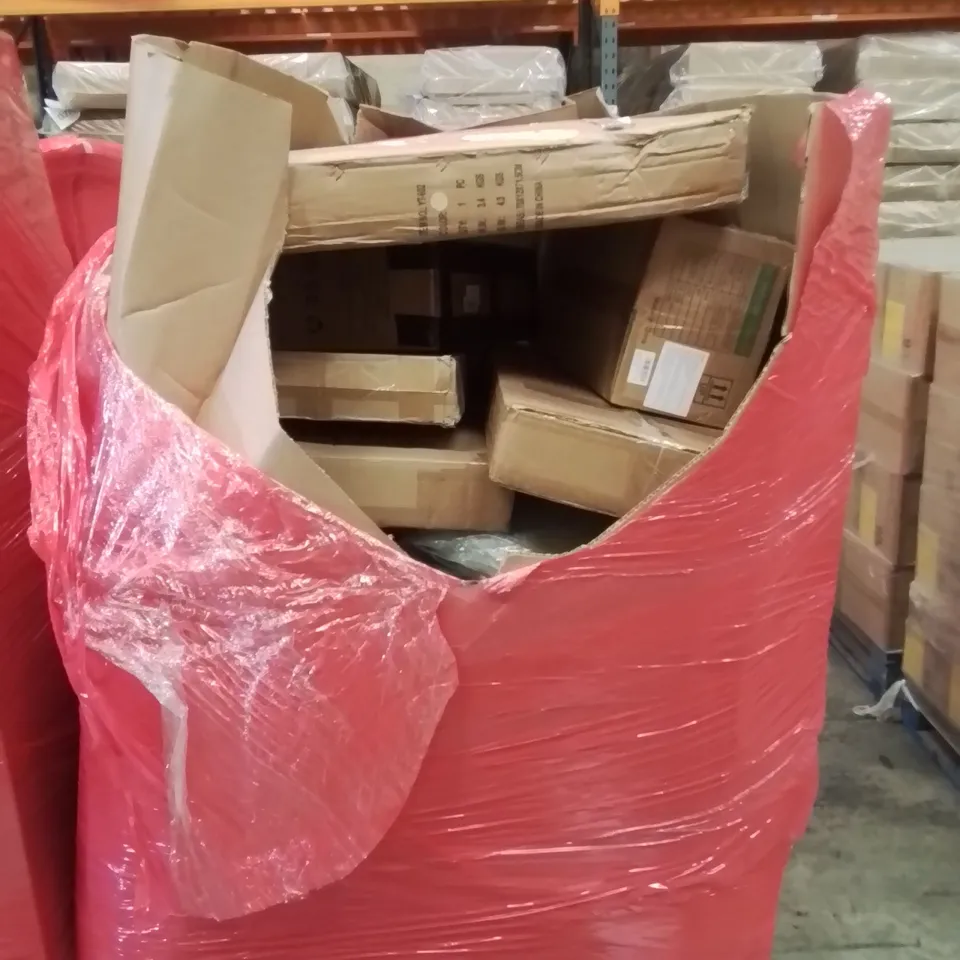 PALLET CONTAINING VARIOUS ASSORTED BOXED HOUSEHOLD ITEMS TO INCLUDE: BABY SWING CHAIR,  AIR MULTIPLIER TOWER FAN, BABY WALKER AND LOTS MORE UNMARKED BOXED ITEMS 