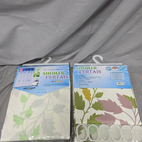 BOX OF APPROXIMATELY 30 SHOWER CURTAINS - VARIOUS COLOURS AND STYLES