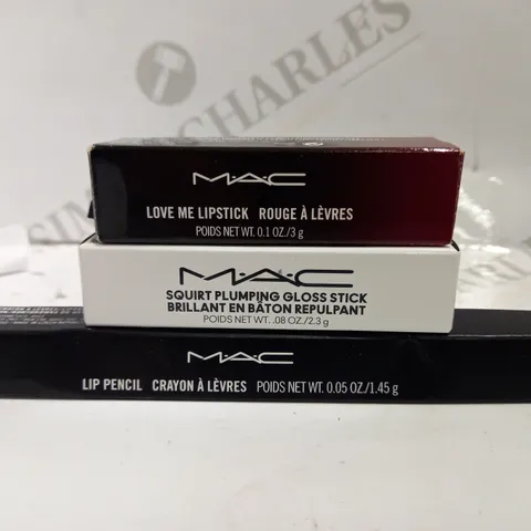 THREE M.A.C ITEMS INCLUDING LIP PENCIL, LOVE ME LIPSTICK AND SQUIRT PLUMPING GLOSS STICK
