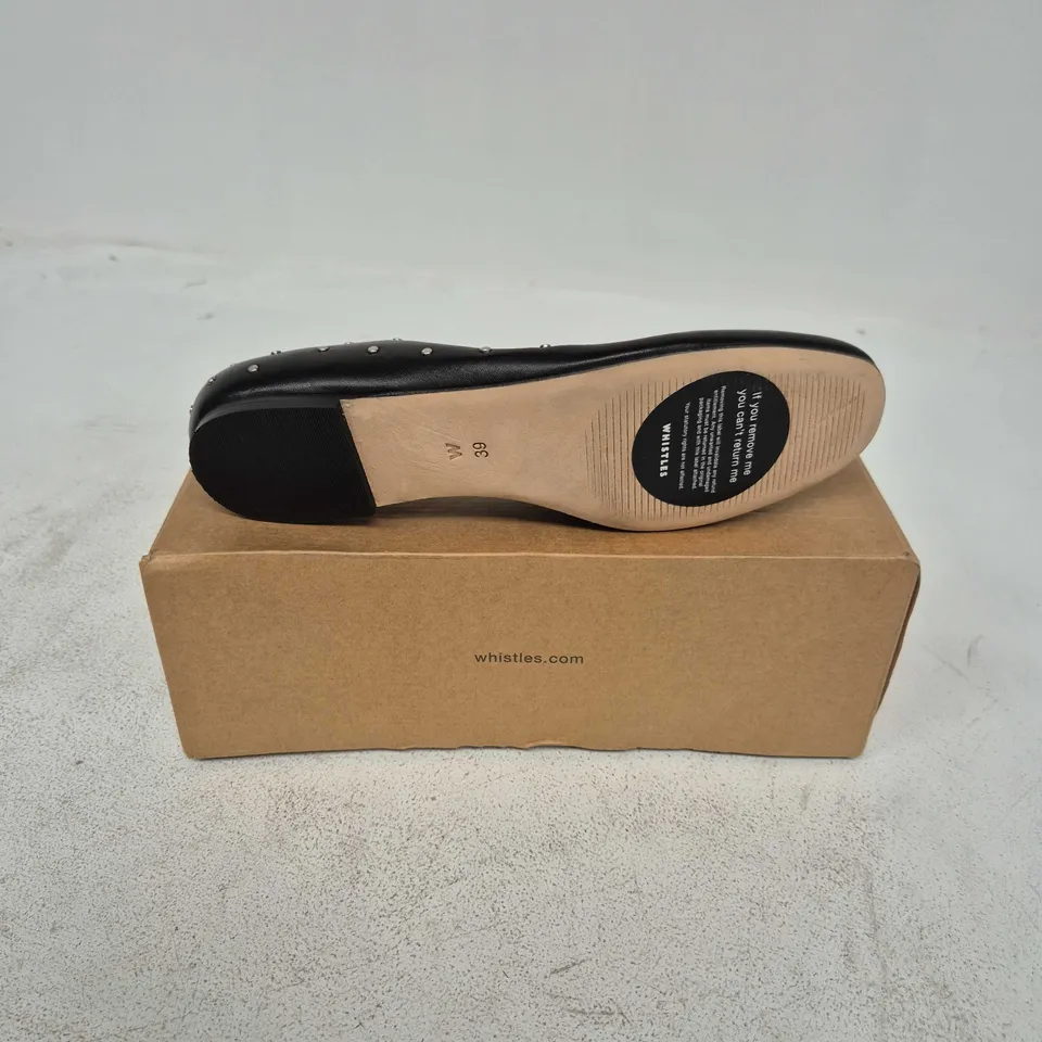 BOXED PAIR OF WHISTLES KARINA STUDDED BALLET PUMPS IN BLACK - UK 6