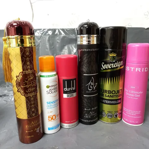 APPROXIMATELY 14 ASSORTED AERSOLS TO INCLUDE TURBOJET AIR SANITISER (500ml), ESTRID SHAVING GEL (200ml), DUNHILL DESIRE (195ml), ETC