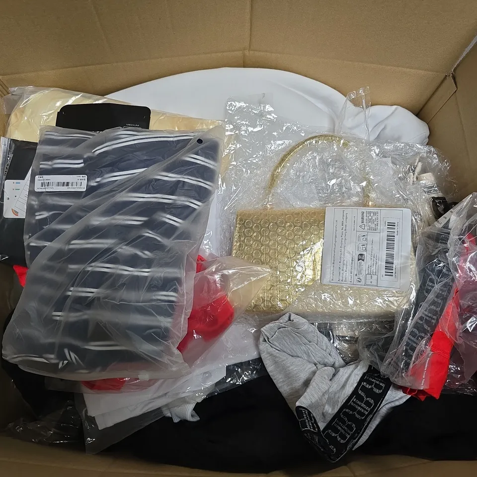 LARGE BOX OF APPROXIMATELY 20 ASSORTED CLOTHING ITEMS IN VARIOUS SIZES, STYLES AND COLOURS