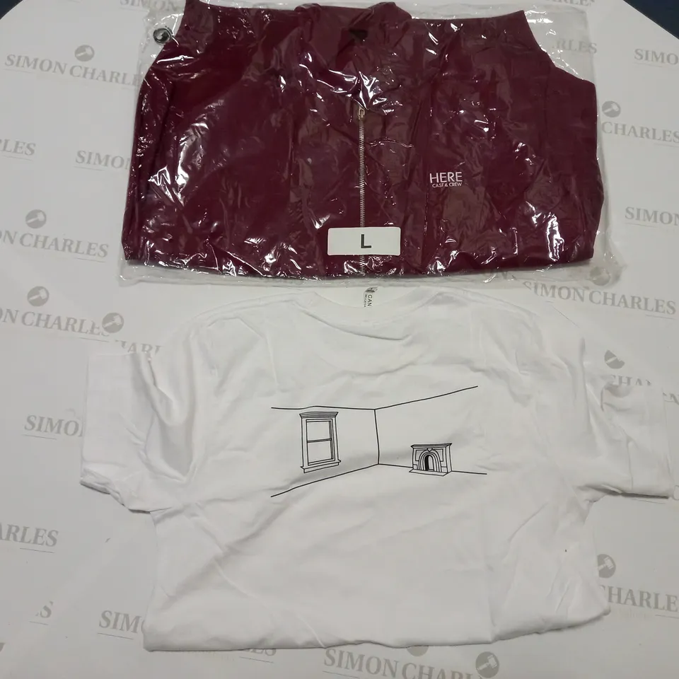 HERE CAST AND CREW BOMBER JACKET AND WHITE TSHIRT - TSHIRT SIZE M, JACKET SIZE L