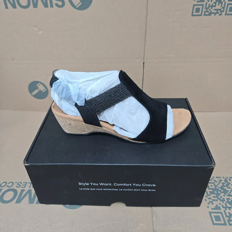 VIONIC WOMEN'S BLACK SUEDE WEDGE SANDALS – CORK HEEL UK 7 BOXED