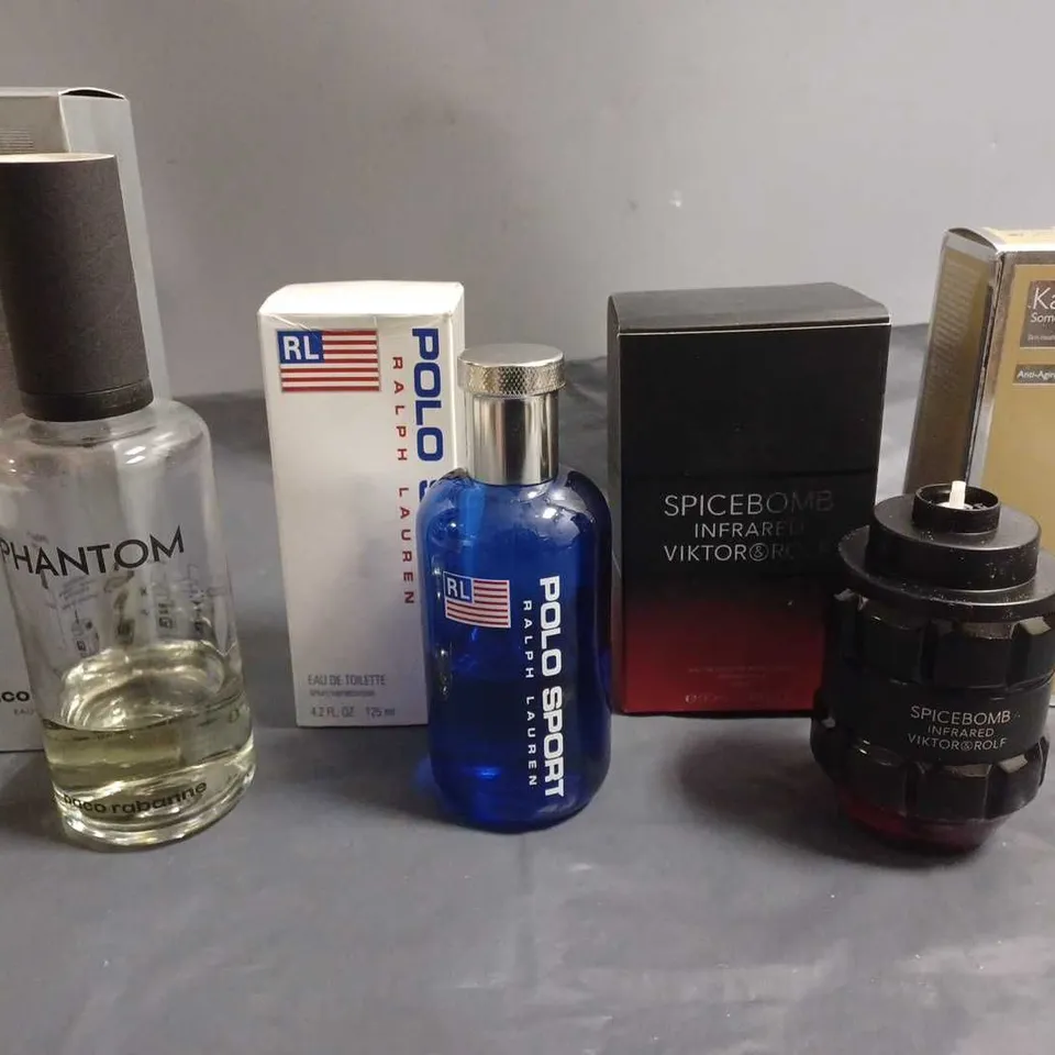 LOT OF 7 ASSORTED FRAGRANCE ITEMS TO INCLUDE POLO SPORT, PHANTOM, MON PARIS YVES SAINT LAURENT AND FRAGRANCED CANDLE