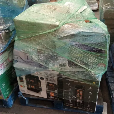 PALLET OF ASSORTED KITCHEN APPLIANCES AND HOUSEHOLD ELECTRIC GOODS TO INCLUDE; AIR FRYERS, FOOD PROCESSOR, AIR COOLER, TOASTERS, KETTLE ETC