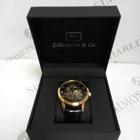 MENS ZIHLMANN & CO AUTOMATIC WATCH - Z210 – SKELETON DIAL – GOLD COLOUR CASE – GENUINE LEATHER CASE – HAND ASSEMBLED 