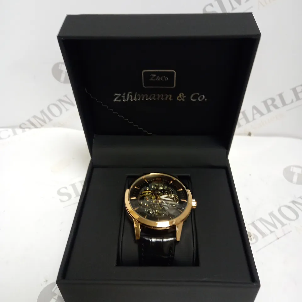 MENS ZIHLMANN & CO AUTOMATIC WATCH - Z210 – SKELETON DIAL – GOLD COLOUR CASE – GENUINE LEATHER CASE – HAND ASSEMBLED 