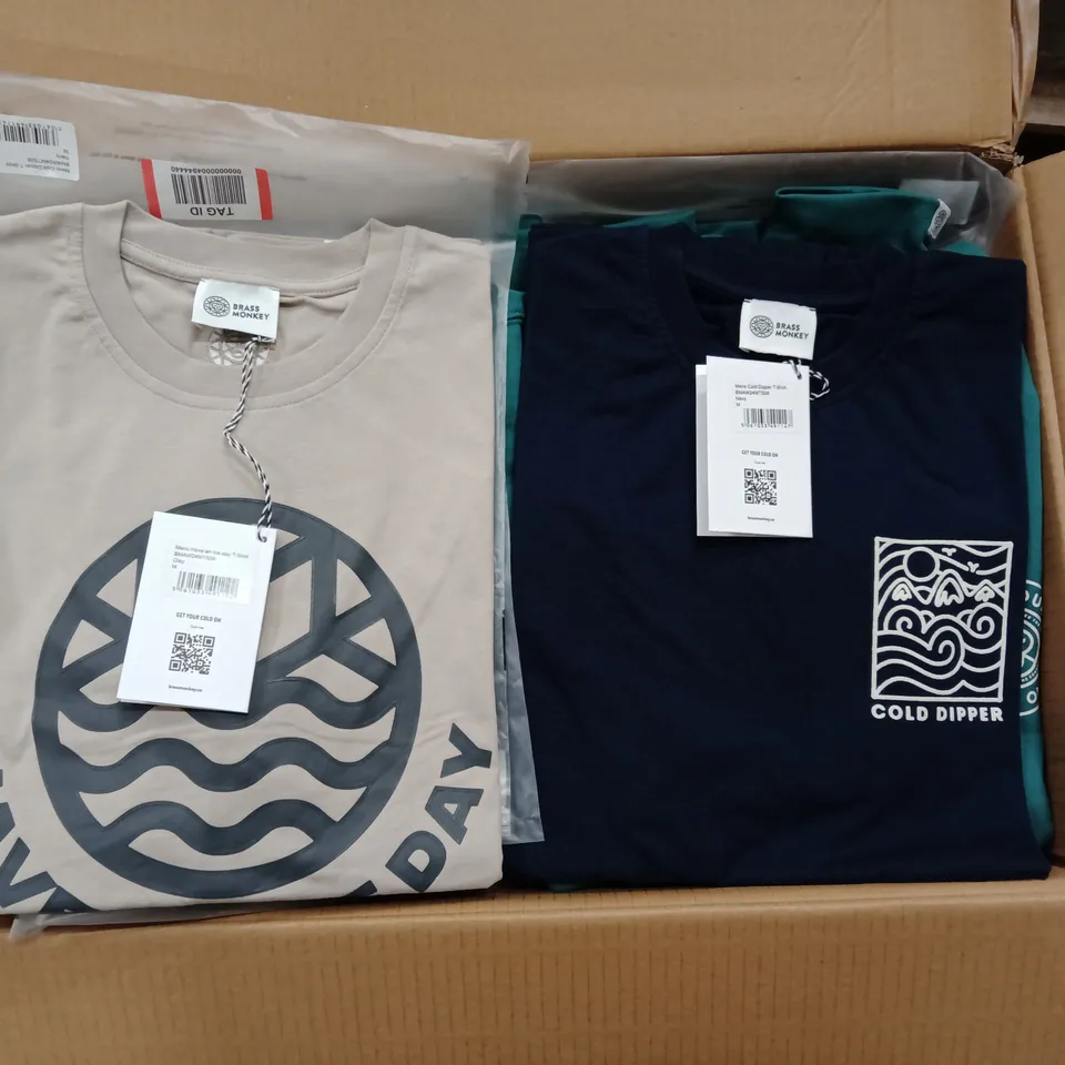 BOX OF MIXED ASSORTMENT OF BRAND NEW BRASS MONKEY CLOTHING ITEMS INCLUDING - T-SHIRTS, hoodies, - MIXED SIZES - APPROXIMATELY 27X ITEMS