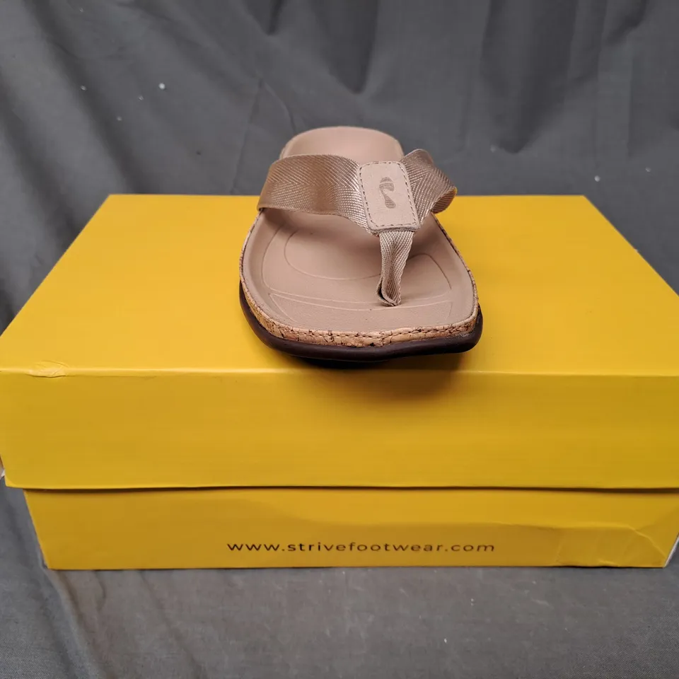 BOXED PAIR OF STRIVE SANDALS IN ALMOND - SIZE 3