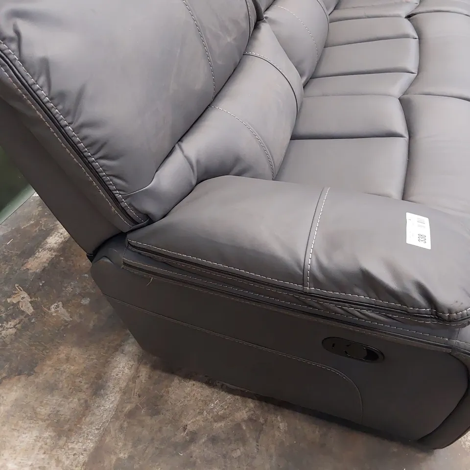 DESIGNER MANUAL RECLINING THREE SEATER SOFA GREY LEATHER BLACK PIPING & FEATURED STITCHING 