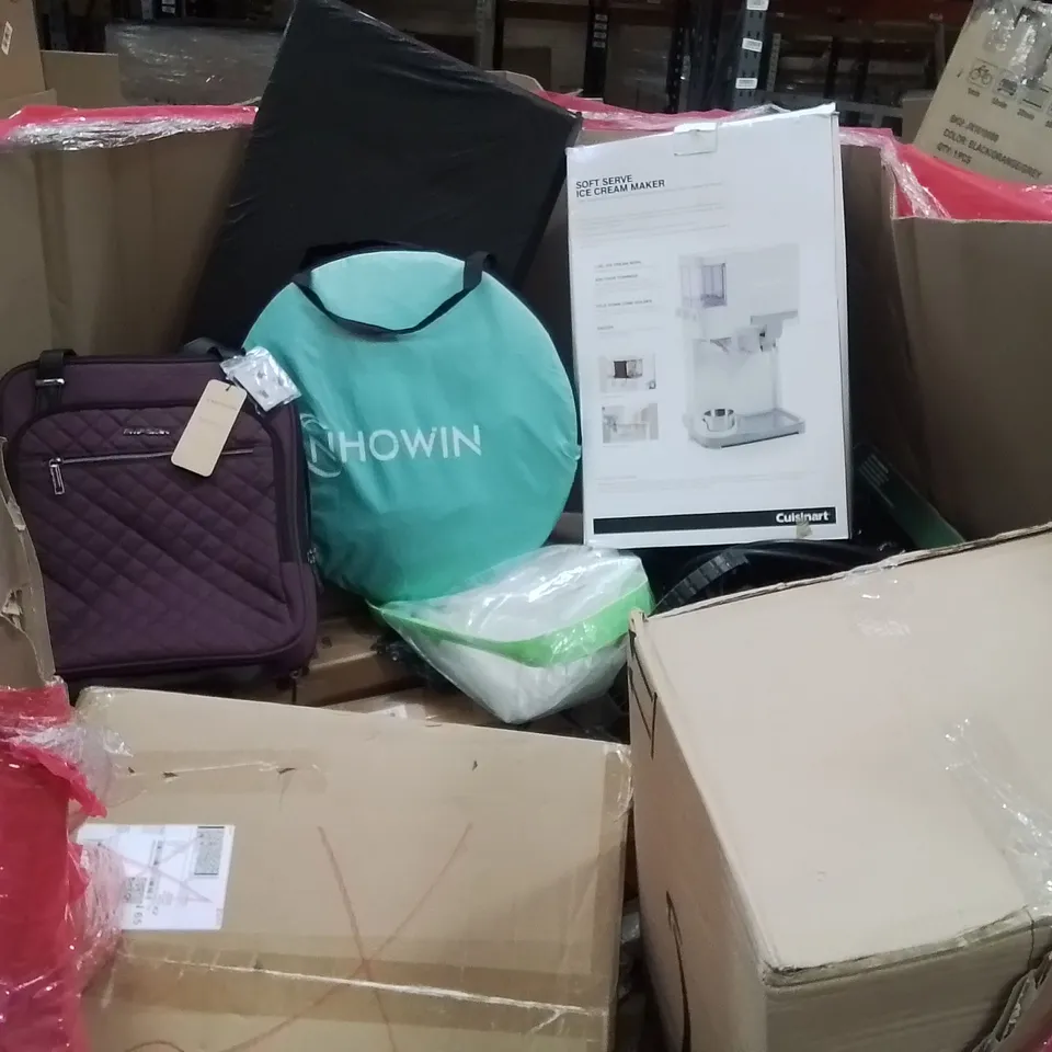 PALLET CONTAINING VARIOUS ASSORTED BOXED HOUSEHOLD ITEMS TO INCLUDE: POP UP TENT, ICE CREAM MAKER, LUGGAGE CASE, RETRACTABLE SAFETY GATE AND LOTS MORE UNMARKED BOXED ITEMS 